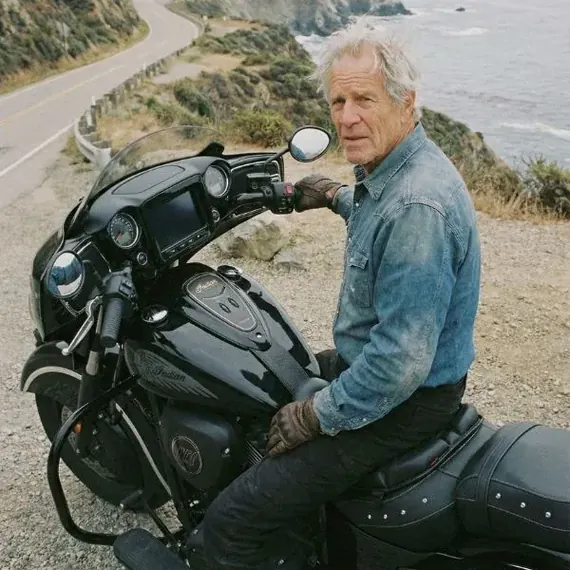 Shaun H. on his Indian, on a coastal road